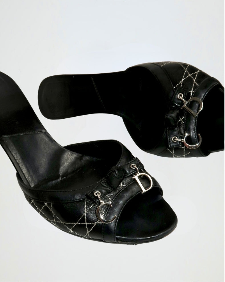 Vintage Dior black cannage CD charm heels, alternate view