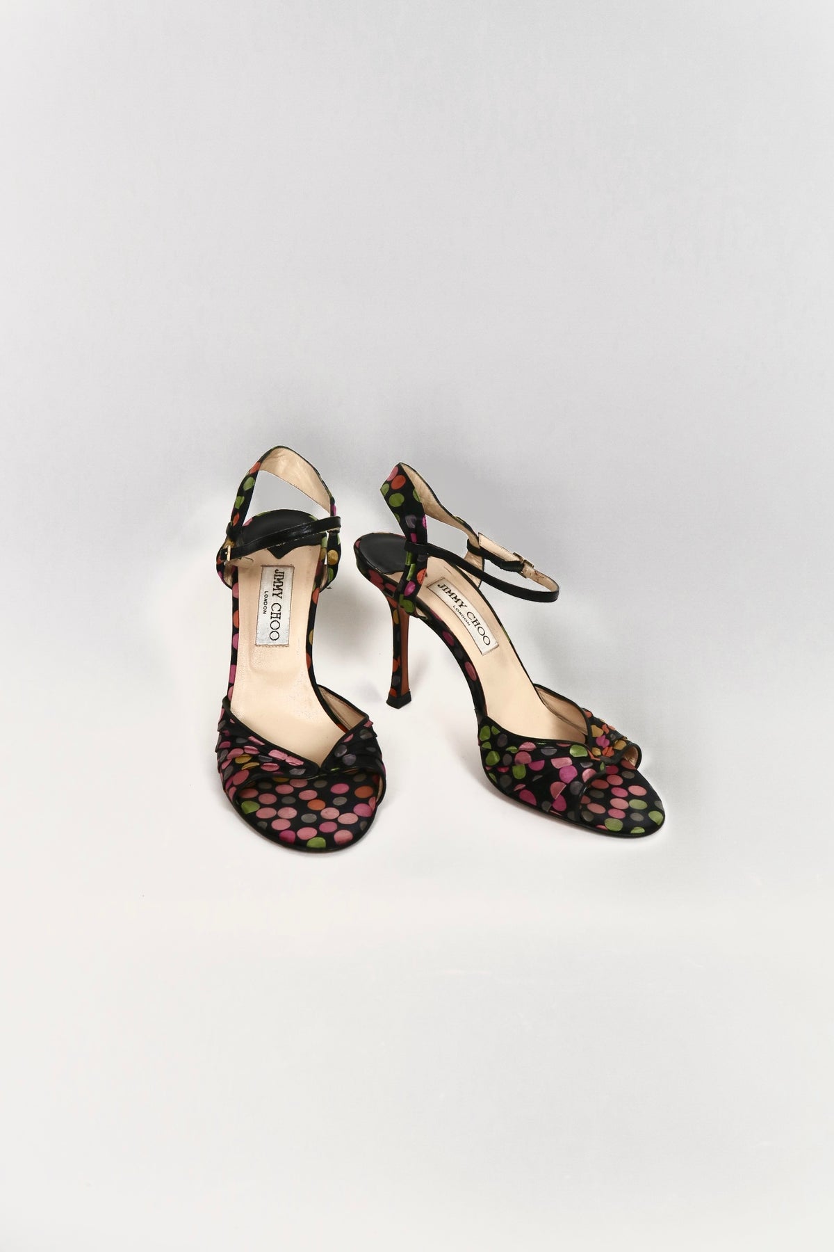 Vintage Jimmy Choo polka dot satin sandals, alternate view