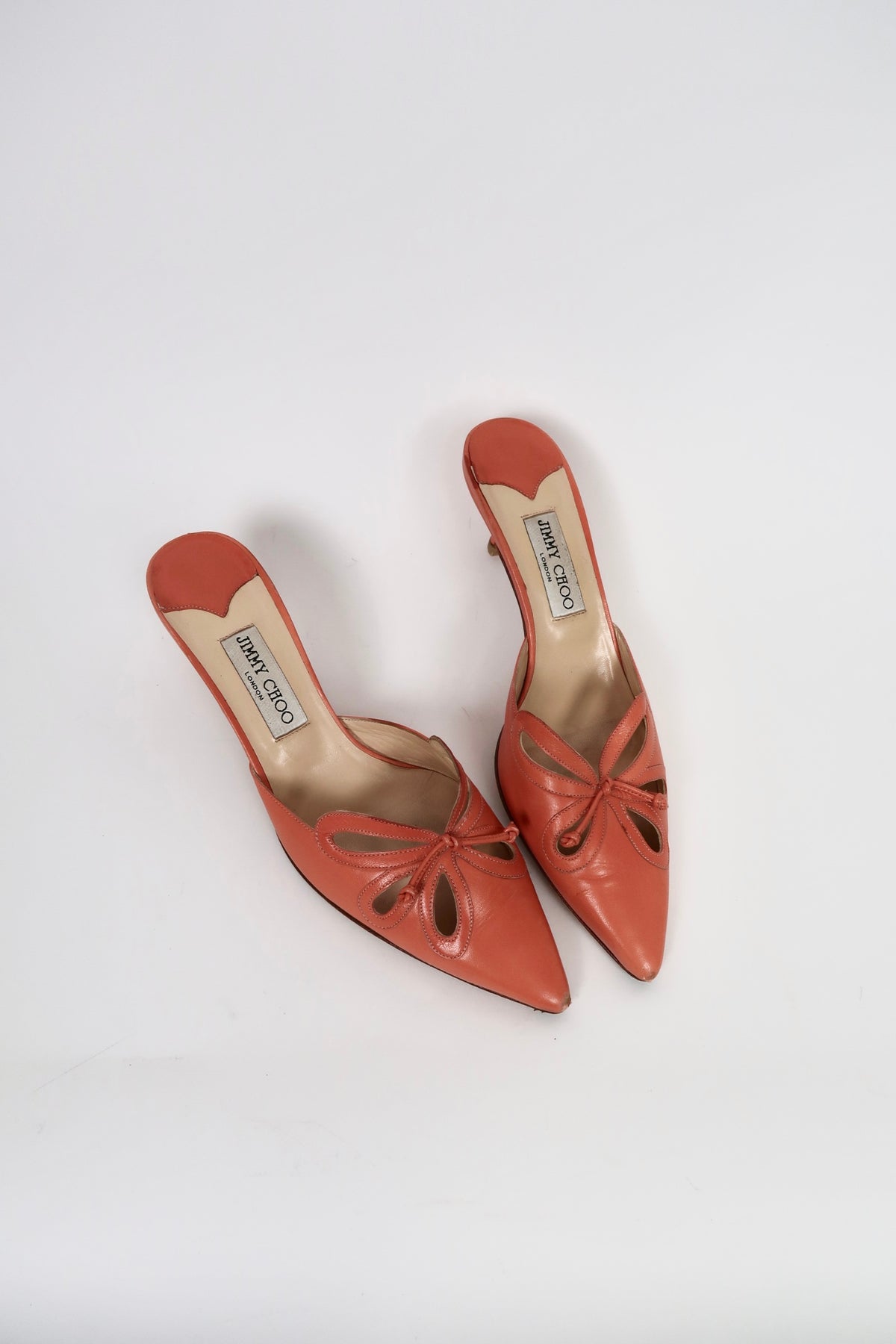 Vintage Jimmy Choo orange cut-out slingback heels, alternate view