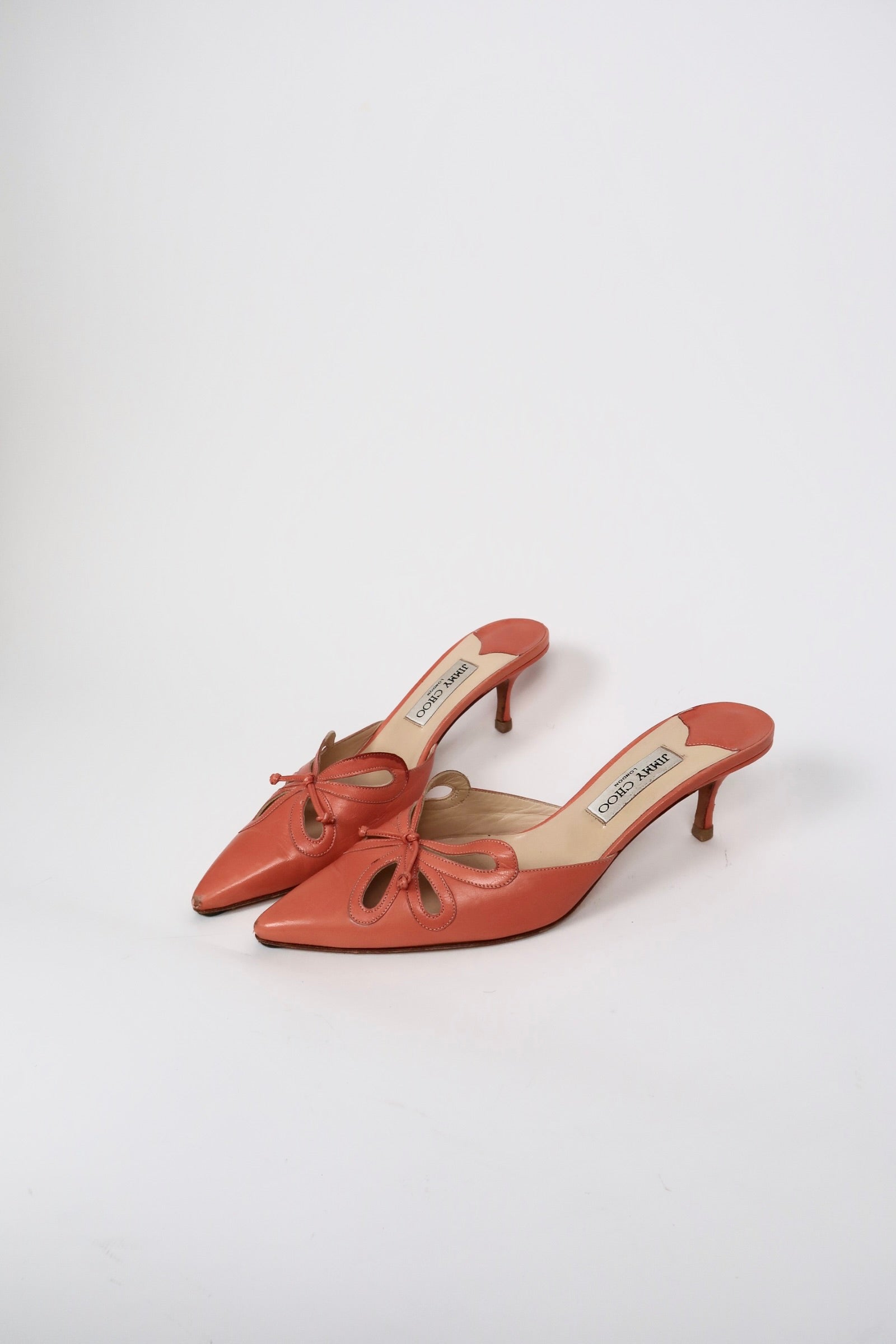 Vintage Jimmy Choo orange cut-out slingback heels, alternate view
